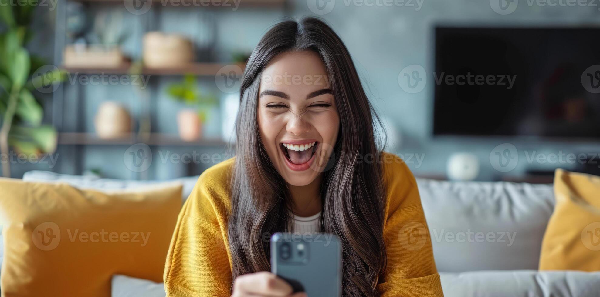 AI generated Younge Caucasian happy girl playing on smartphone apps, betting money online and shopping online photo