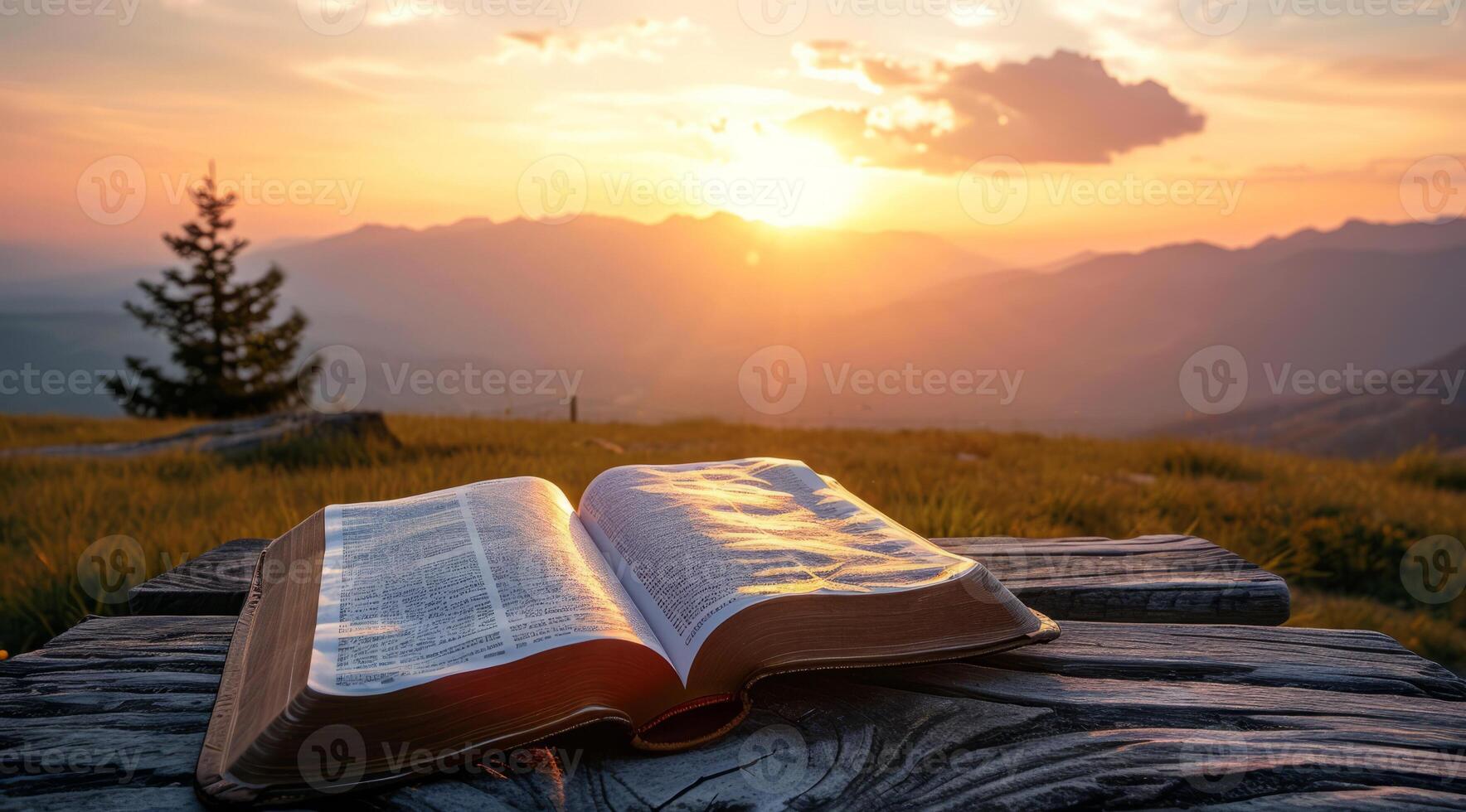 AI generated Open bible book on a wooden table at sunset with cross in front of it. Strong Christian faith photo