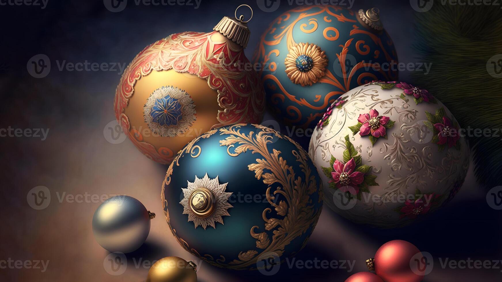 ai generado vistoso Navidad pelotas con complejo adornos de cerca, neural red generado Arte foto