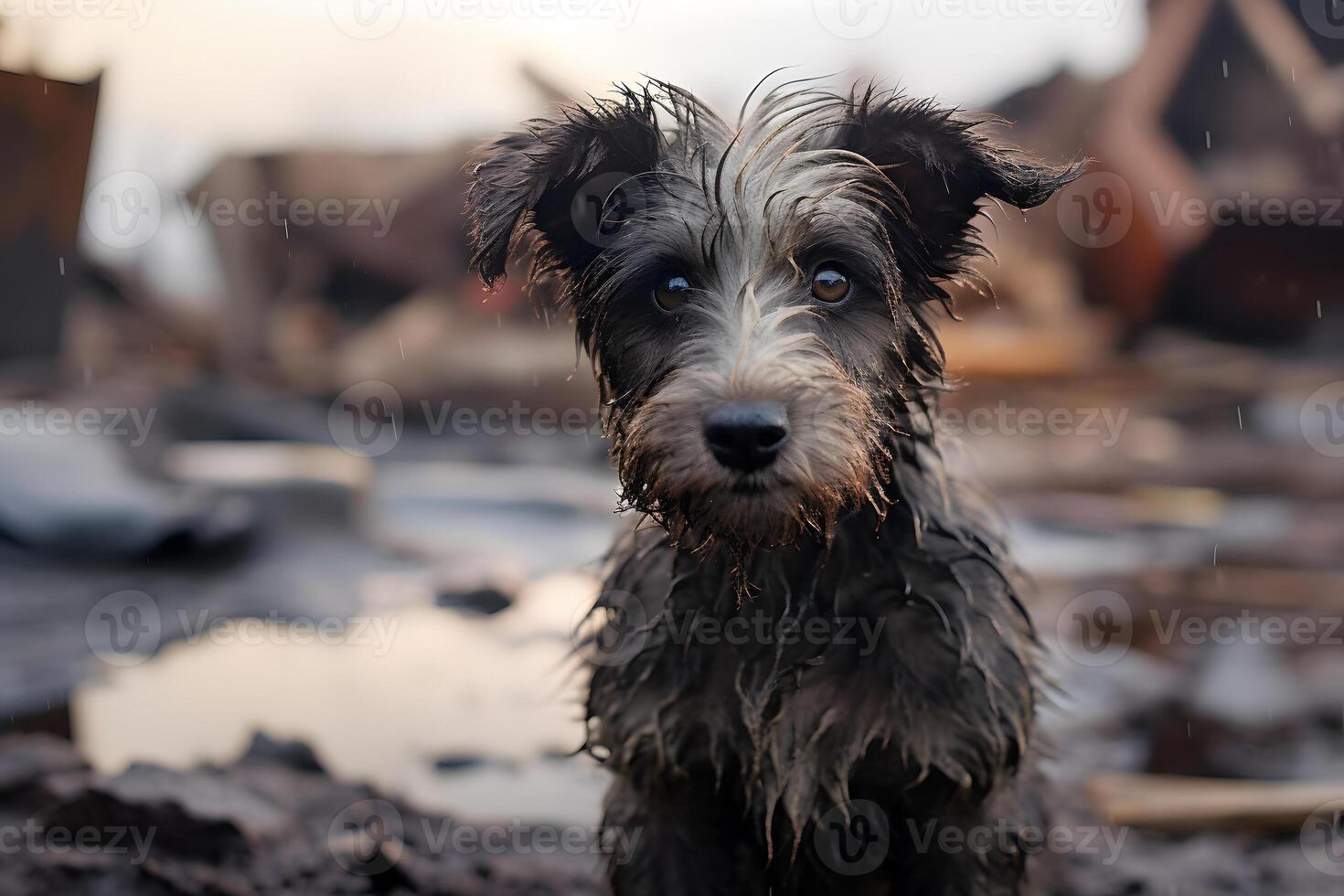 AI generated alone and hungry domestic puppy after disaster on the background of house rubble, neural network generated image photo