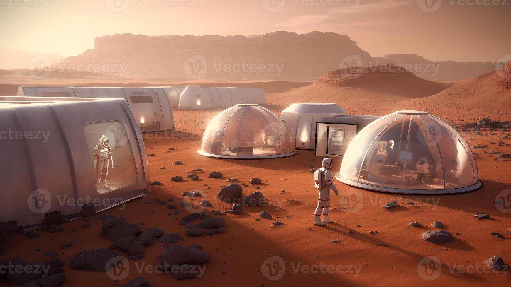 AI generated first human colony on Mars, neural network generated image photo