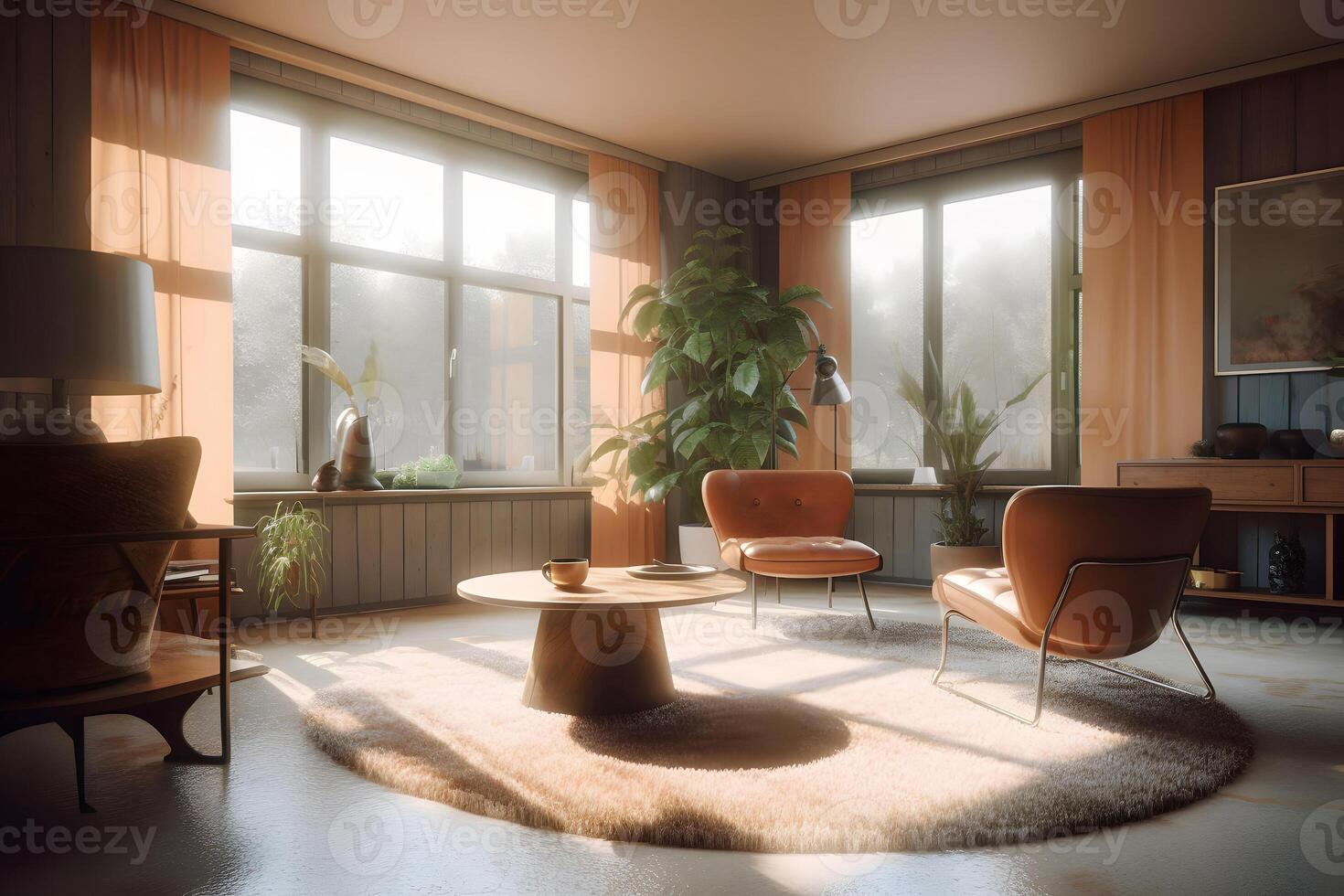 AI generated photorealistic mid century interior with sunlight from windows at summer day, neural network generated photorealistic image photo