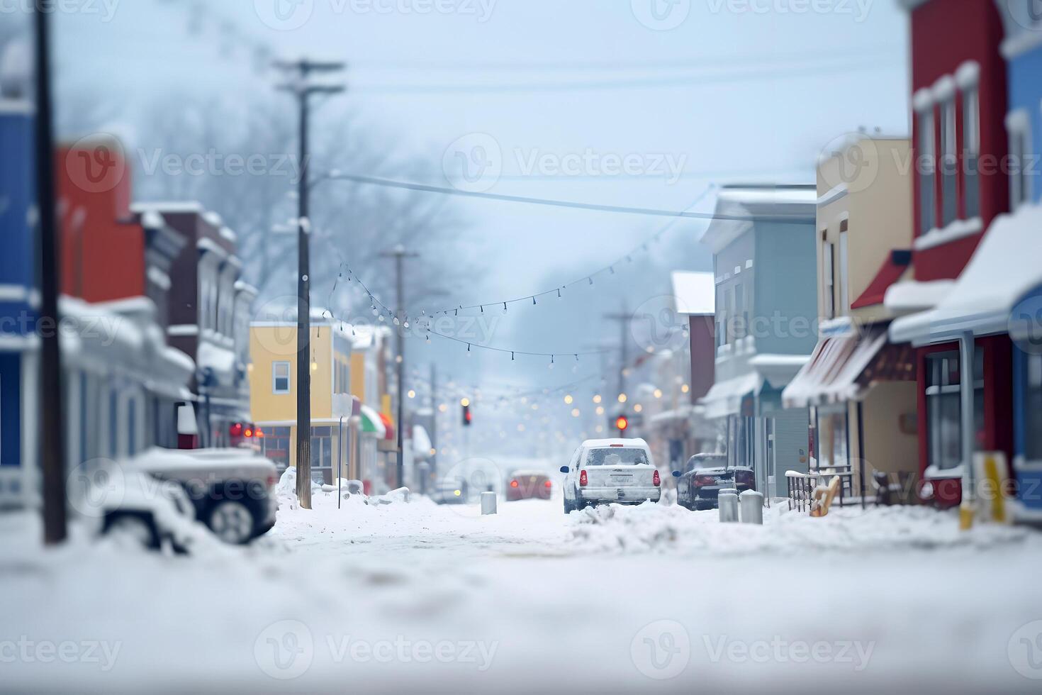 AI generated American toy town street view at snowy winter day, neural network generated image photo