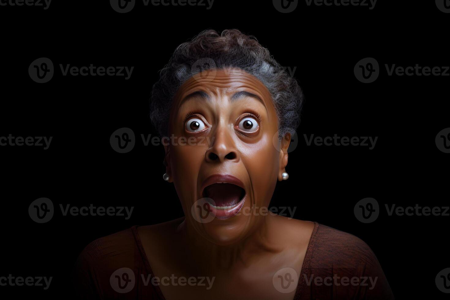 AI generated surprised senior African American woman, head and shoulders portrait on black background. Neural network generated image photo