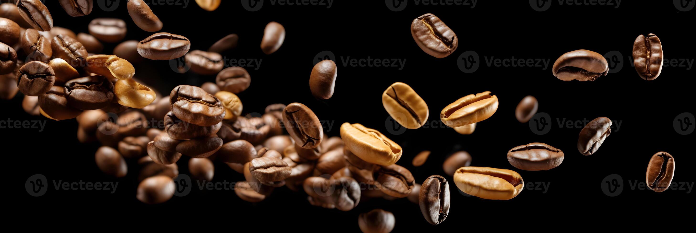AI generated flying coffe beans on black background, neural network generated photorealistic image photo