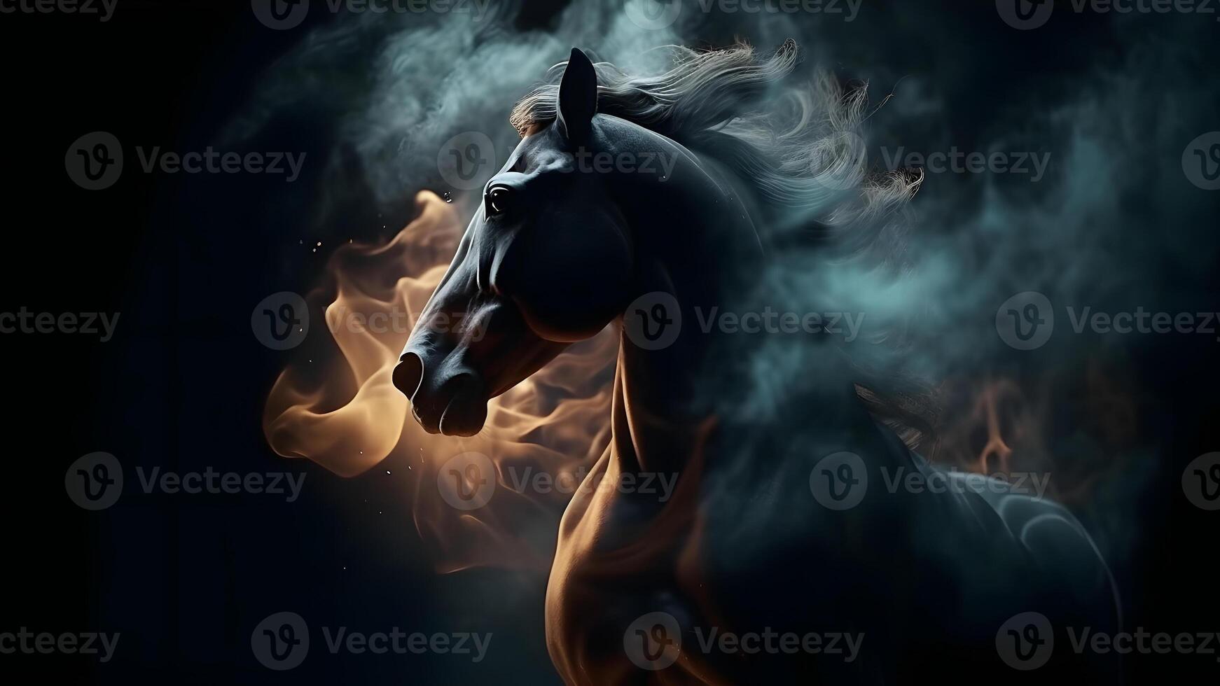 AI generated artisticly lit horse head with smoke and fumes on black background, neural network generated image photo