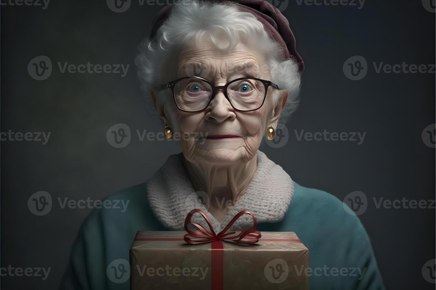 AI generated smiling old lady with christmas gift portrtait, neural network generated art photo