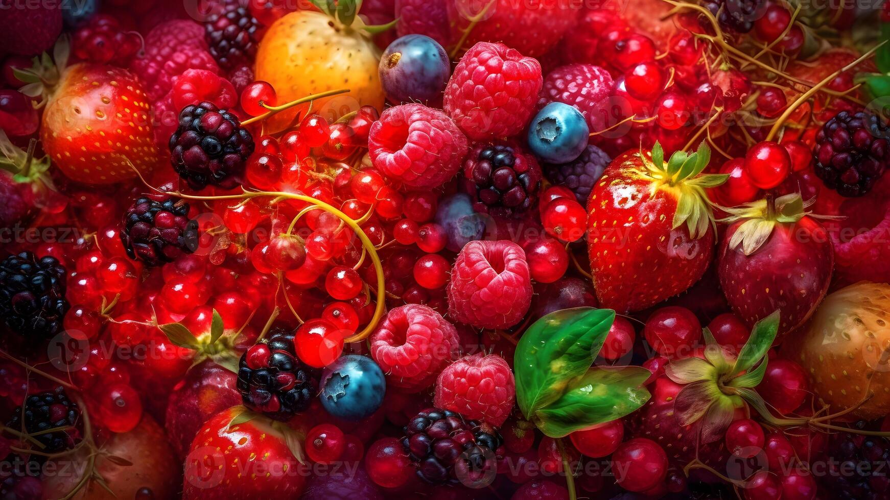 AI generated Berry mix photorealistic colorful full-frame closeup high angle view background, neural network generated image photo