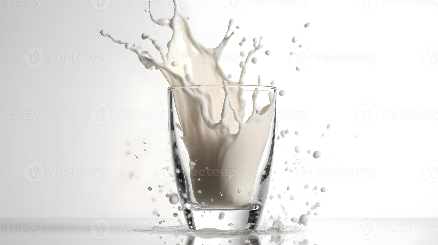 AI generated glass of milk with crown of splashes on white background, neural network generated image photo