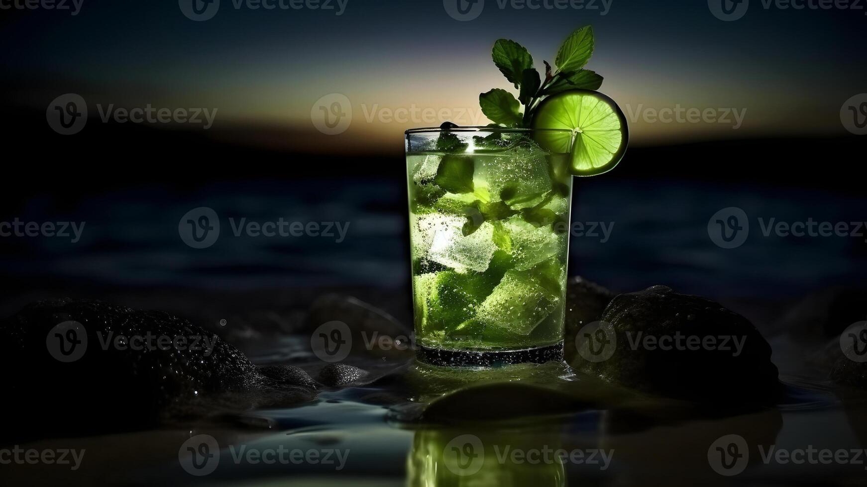 AI generated a glass of refreshing green mint mojito summer drink on sea background at summer night, closeup with selective focus and copy space, neural network generated image photo