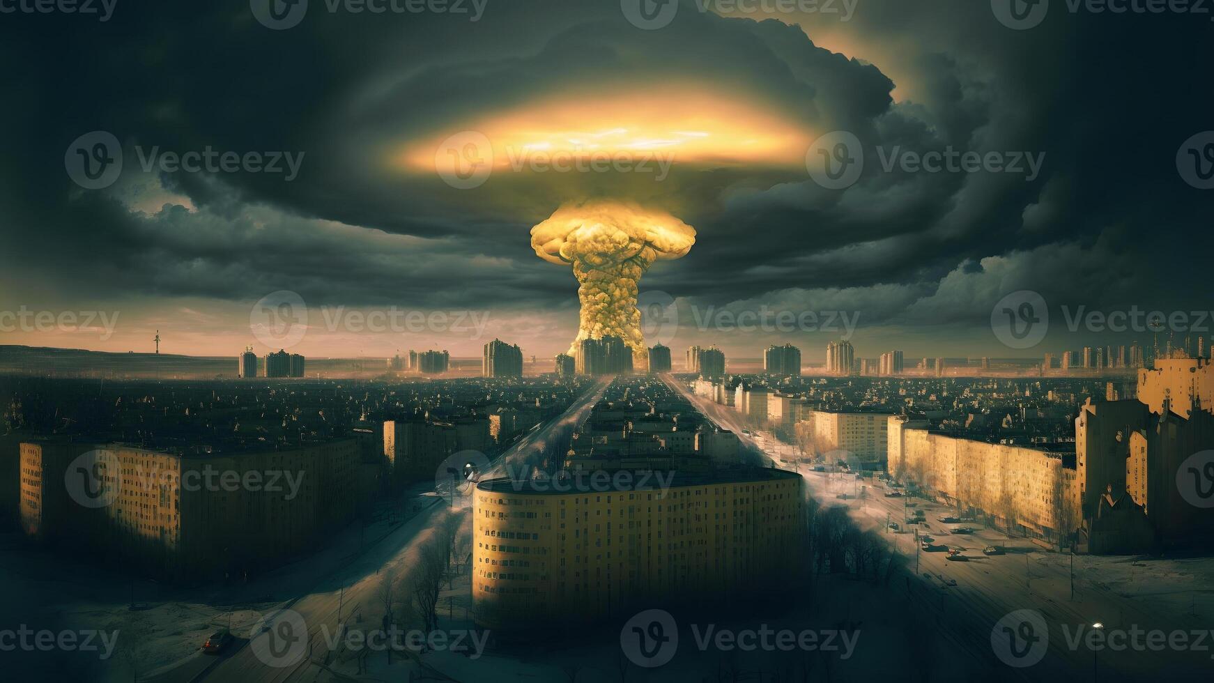 ai generado nuclear explosión seta nube terminado ruso ciudad a invierno mañana, neural red generado Arte foto