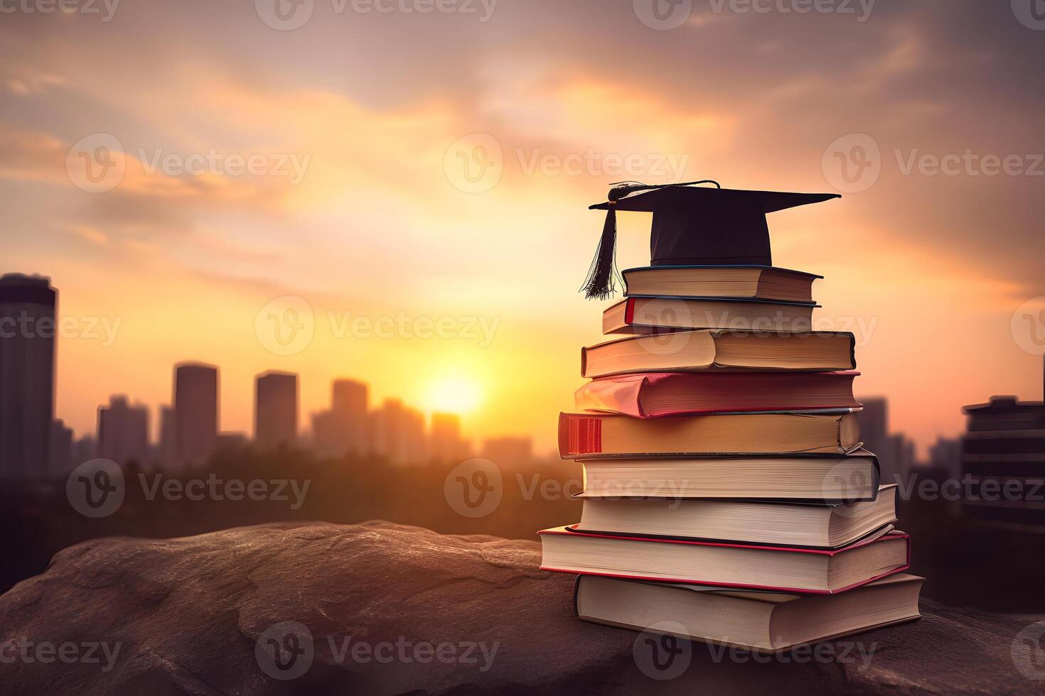 AI generated a stack of books and graduation cap on the roof with the sunset in the background, neural network generated image photo