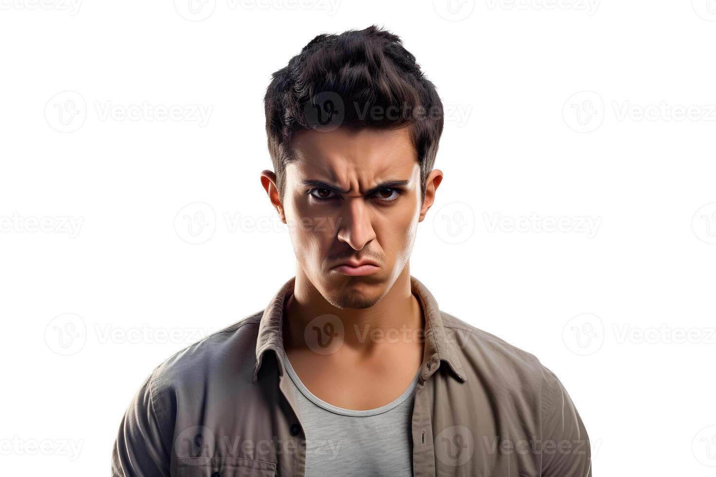 AI generated Sulking young adult Latin American man, head and shoulders portrait on white background. Neural network generated photorealistic image. photo