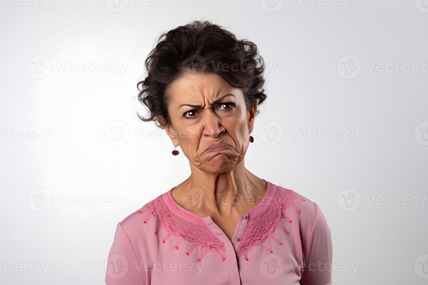 AI generated scowl senior Latin American woman, head and shoulders portrait on white background. Neural network generated photorealistic image photo