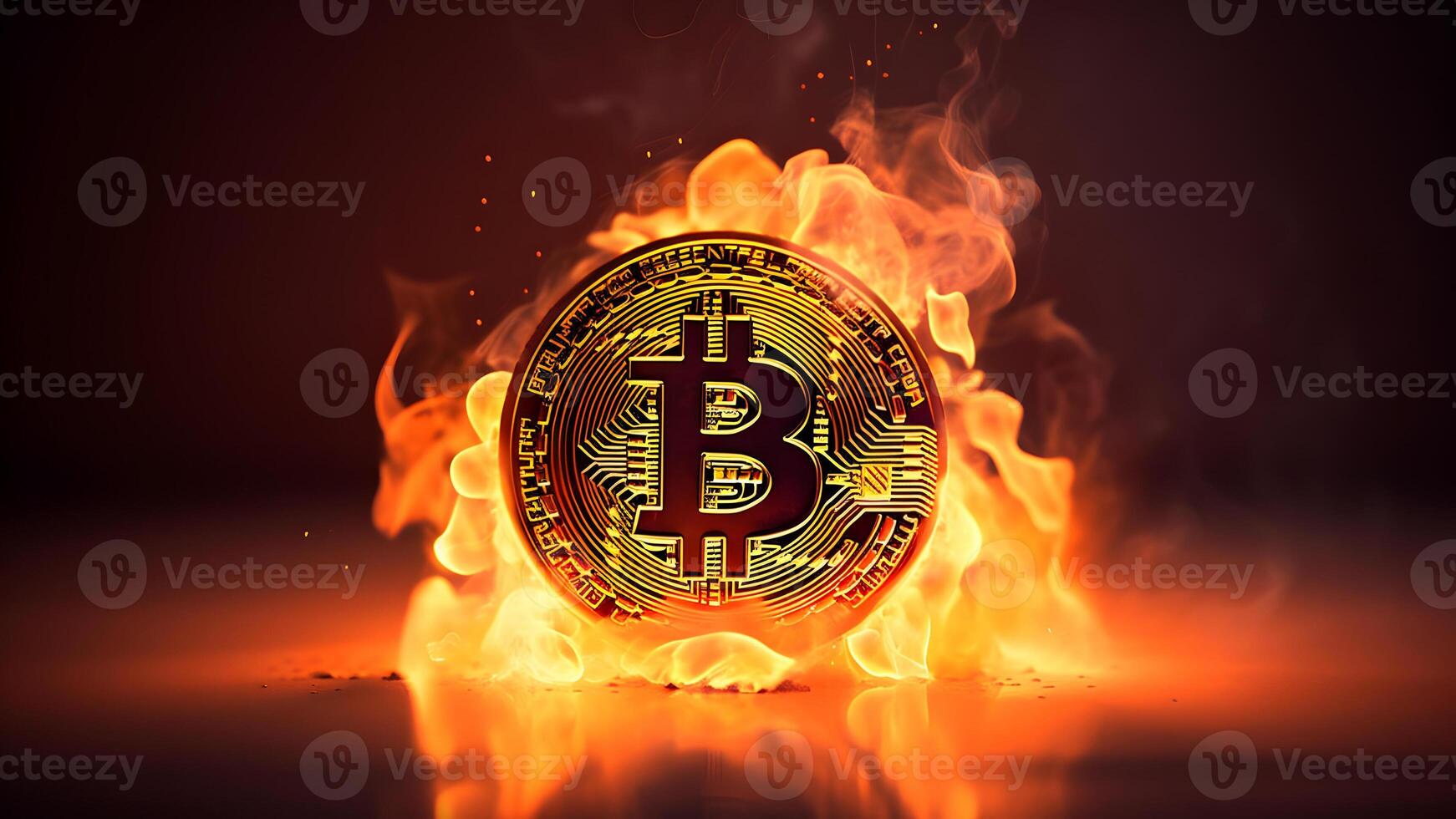 AI generated bitcoin on fire, neural network generated photorealistic image photo