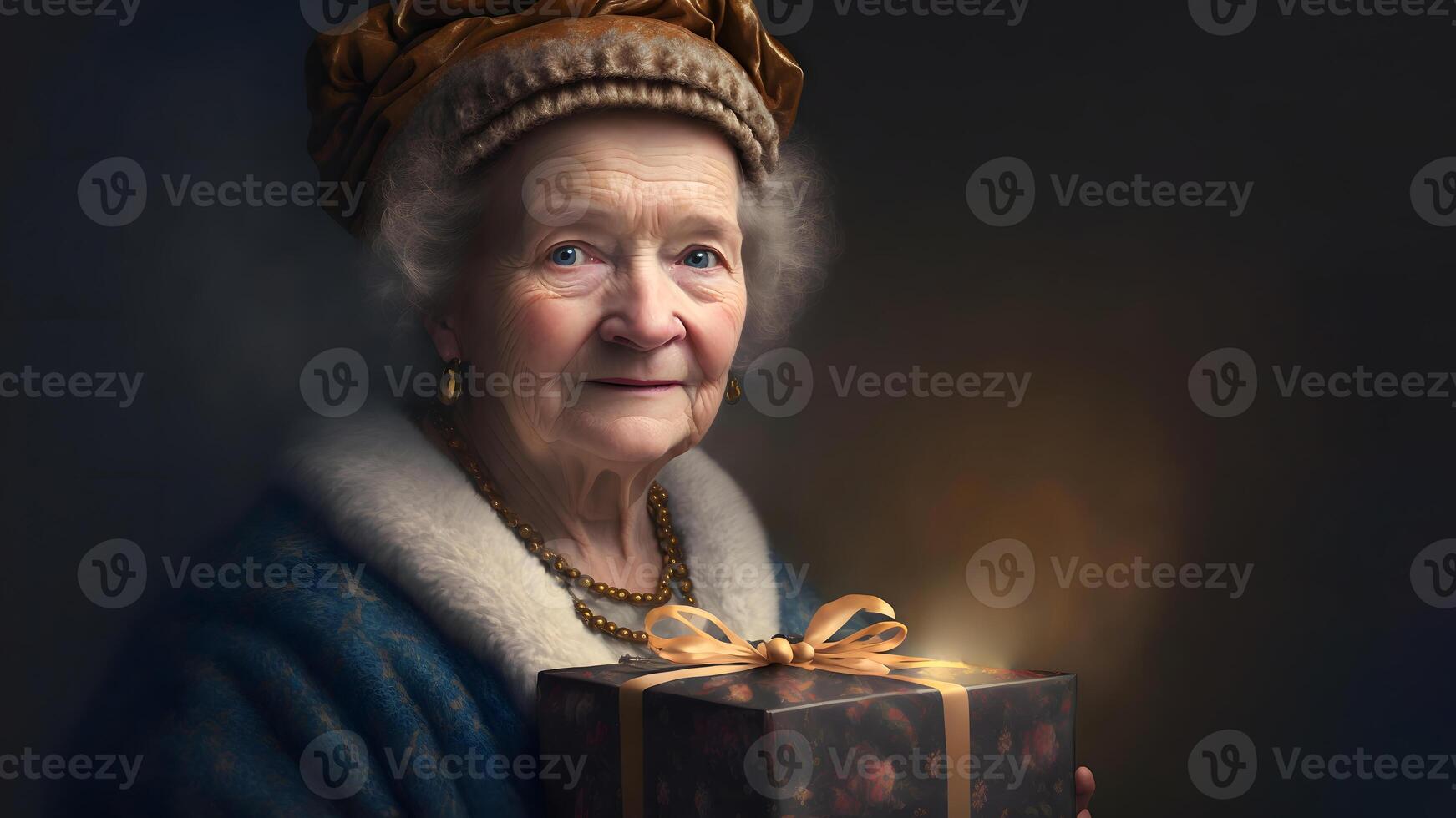 AI generated smiling old lady with christmas gift portrtait, neural network generated art photo
