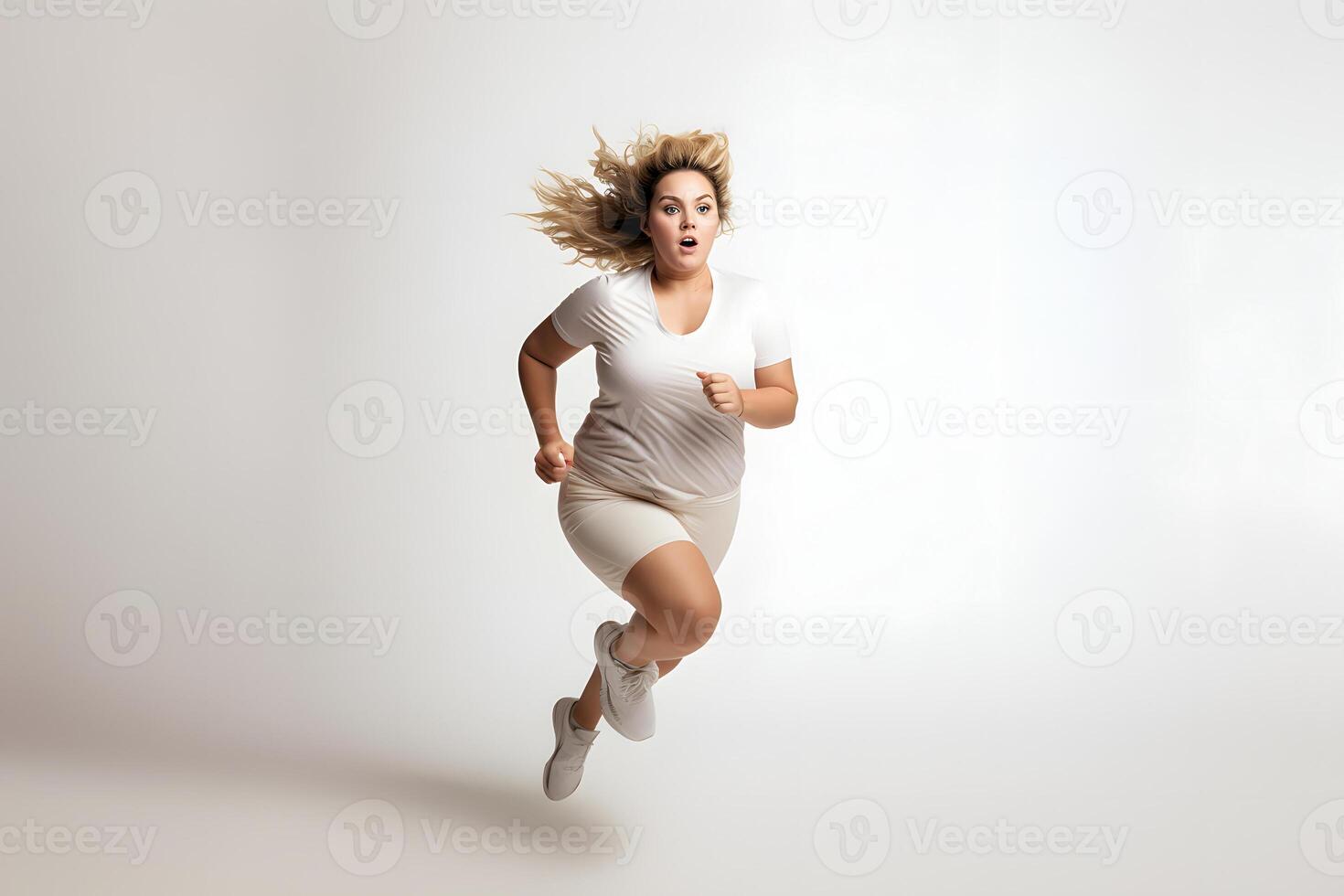 ai generado exceso de peso joven adulto caucásico mujer corriendo en blanco fondo, concepto de exceso de peso y peso pérdida. neural red generado fotorrealista imagen foto