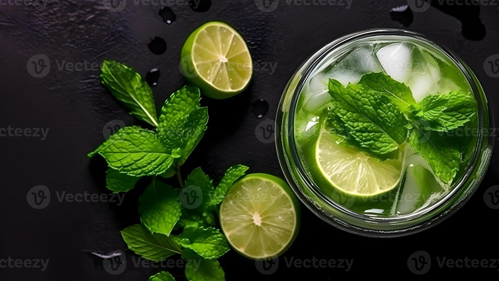 AI generated Top view of refreshing mint cocktail mojito in a glass on black background with lime, mint leaves and ice, neural network generated image photo