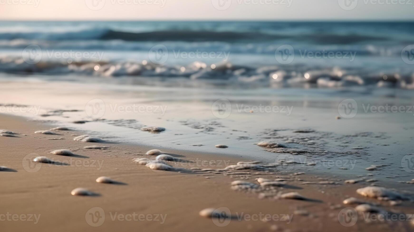 AI generated Closeup sea surf and sand beach at sunny day, neural network generated photorealistic image photo