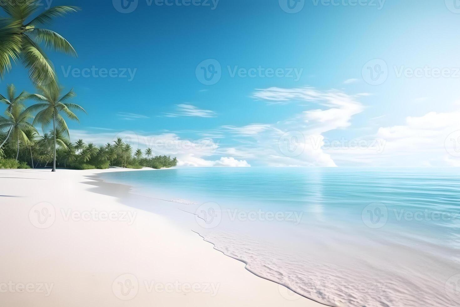 AI generated tropical beach view at sunny day with white sand, turquoise water and palm tree, neural network generated image photo