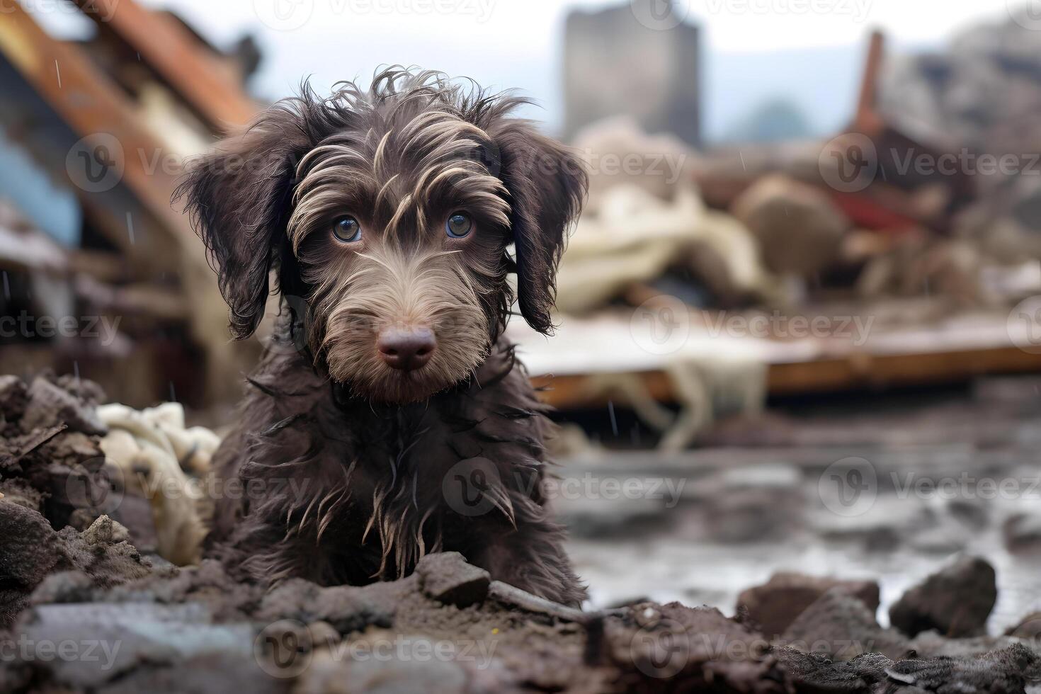 AI generated alone and hungry domestic puppy after disaster on the background of house rubble, neural network generated image photo