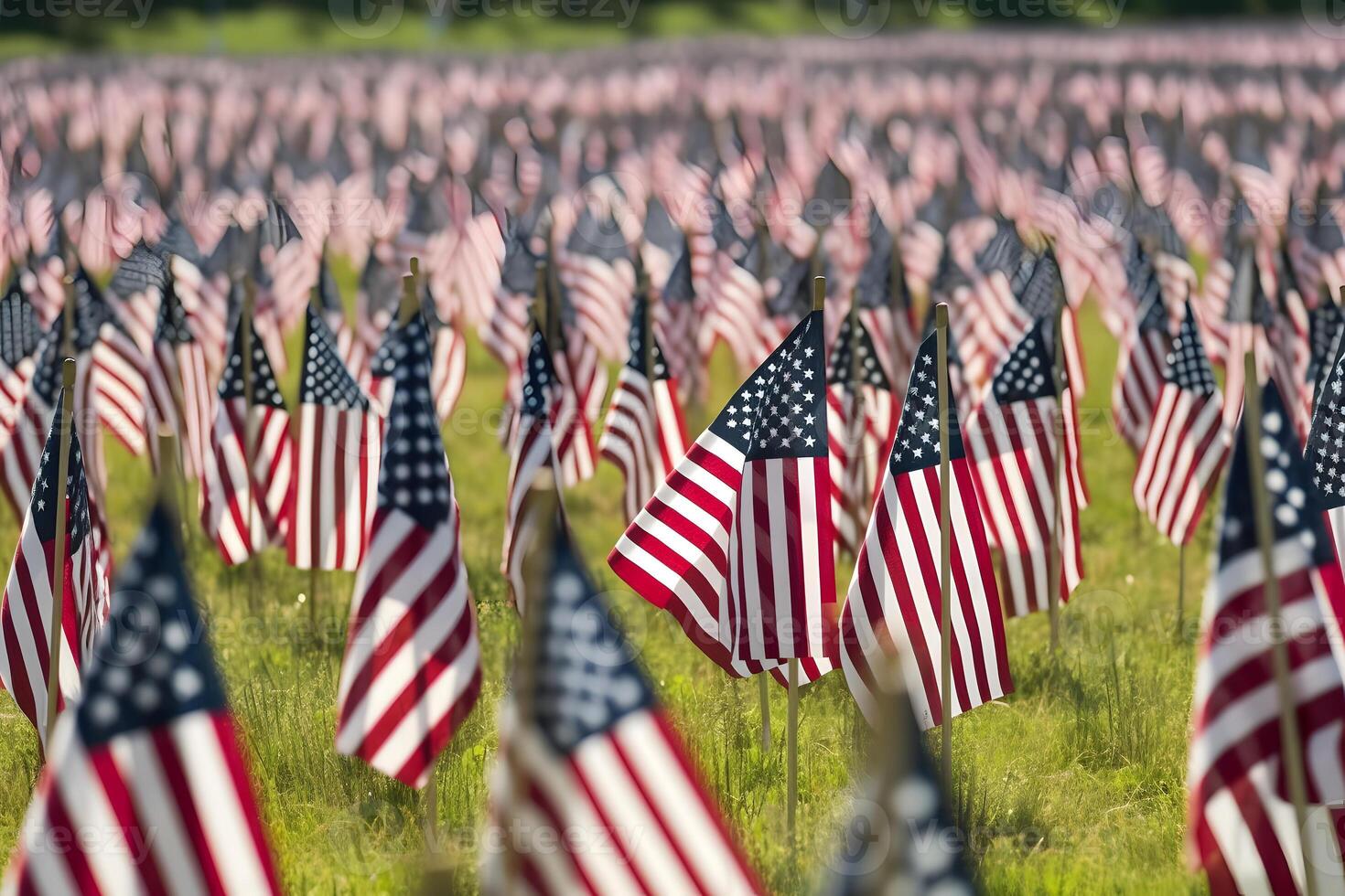 AI generated Memorial Day tribute. Many small American flags on a green lawn, neural network generated photorealistic image photo