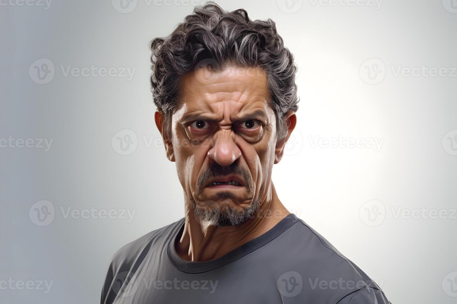 Scowl mature Latin American man, head and shoulders portrait on grey background. Neural network generated photorealistic image photo