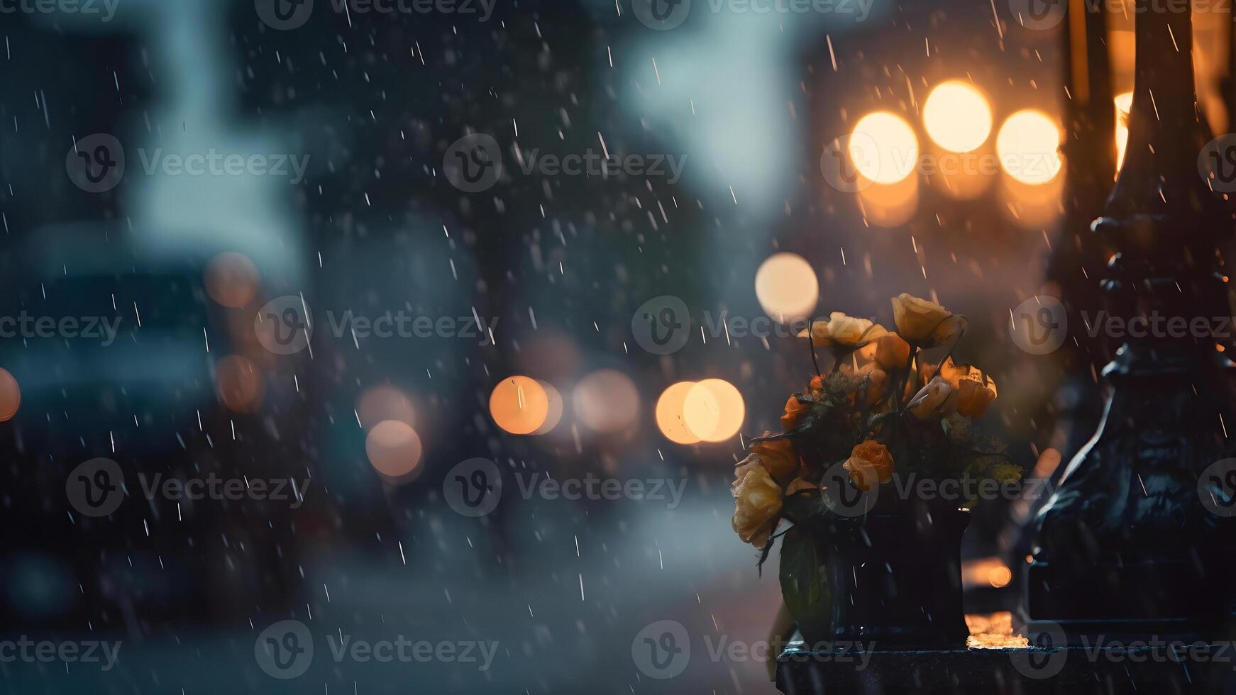 AI generated rainy funeral with yellow flowers bouqet with bokeh, neural network generated photorealistic image photo