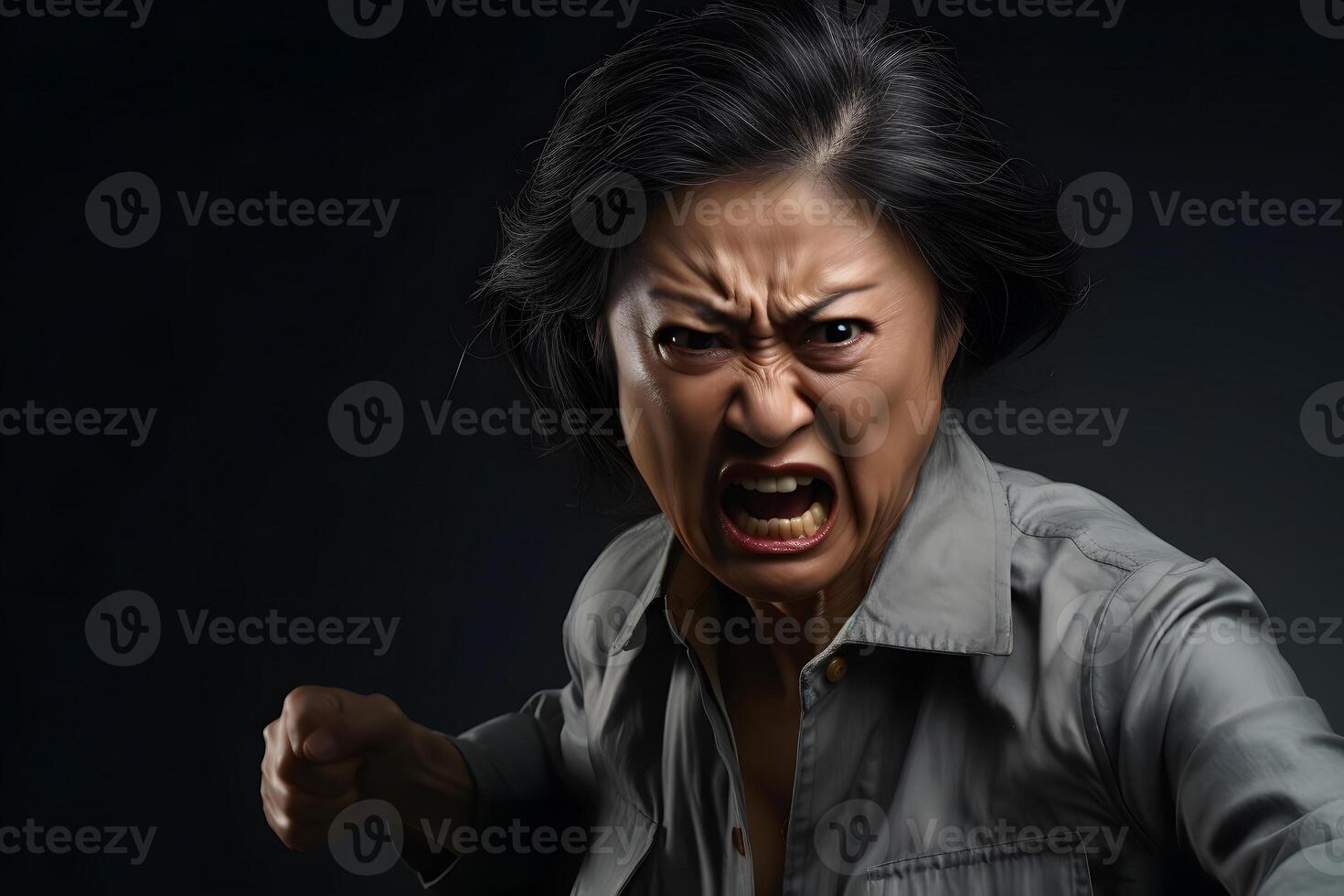 AI generated Angry senior Asian woman yelling and swinging fist on black background. Neural network generated photorealistic image. photo