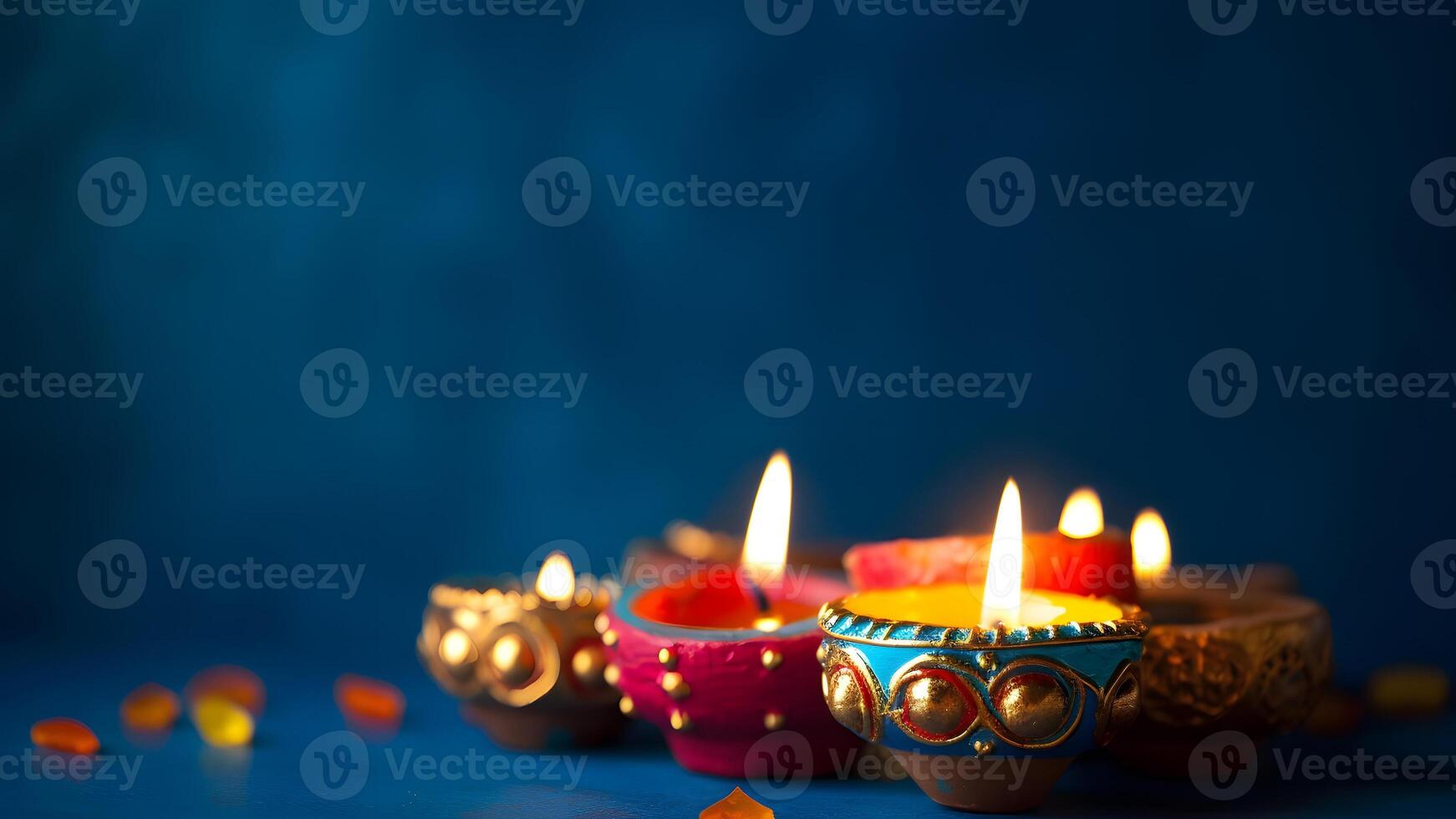 AI generated Happy Diwali - Clay Diya lamps lit on blue background during Diwali celebration, neural network generated photorealistic image photo