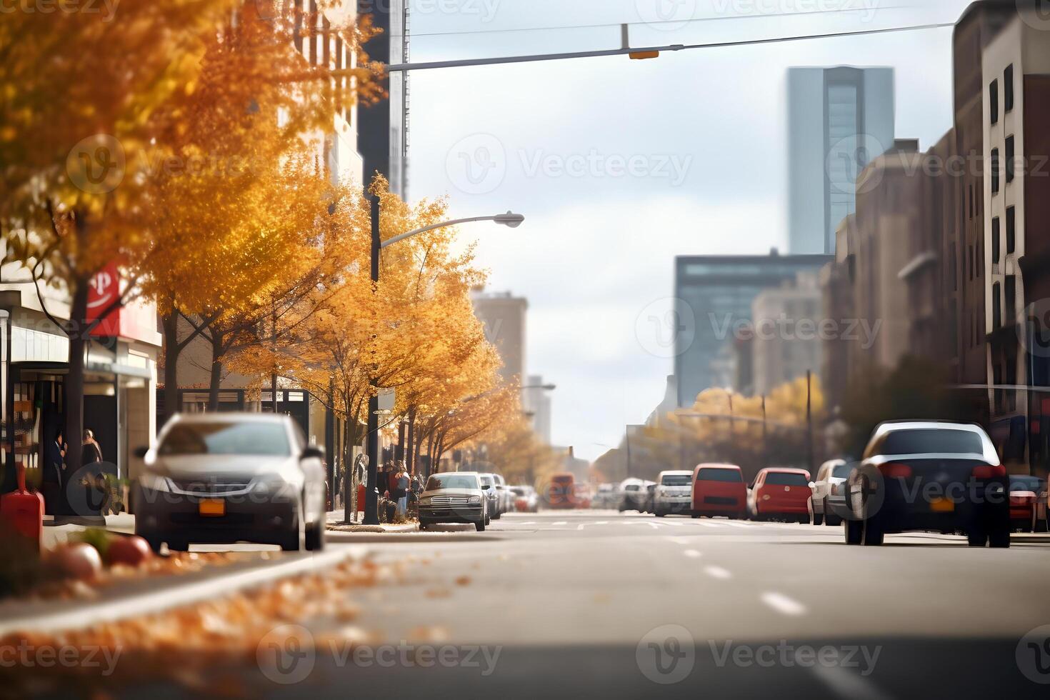 AI generated American downtown street view at autumn morning , neural network generated image photo