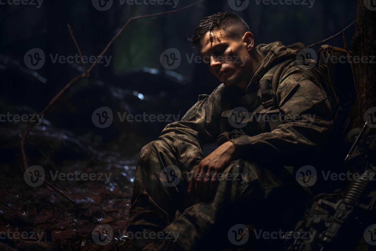 AI generated dirty tired soldier sleeps sitting on deep forest floor at autumn night, neural network generated image photo