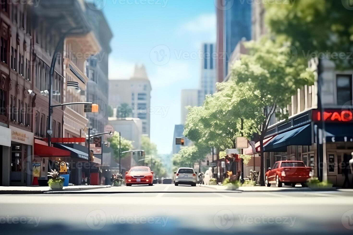 AI generated American downtown street view at sunny summer day, neural network generated image photo