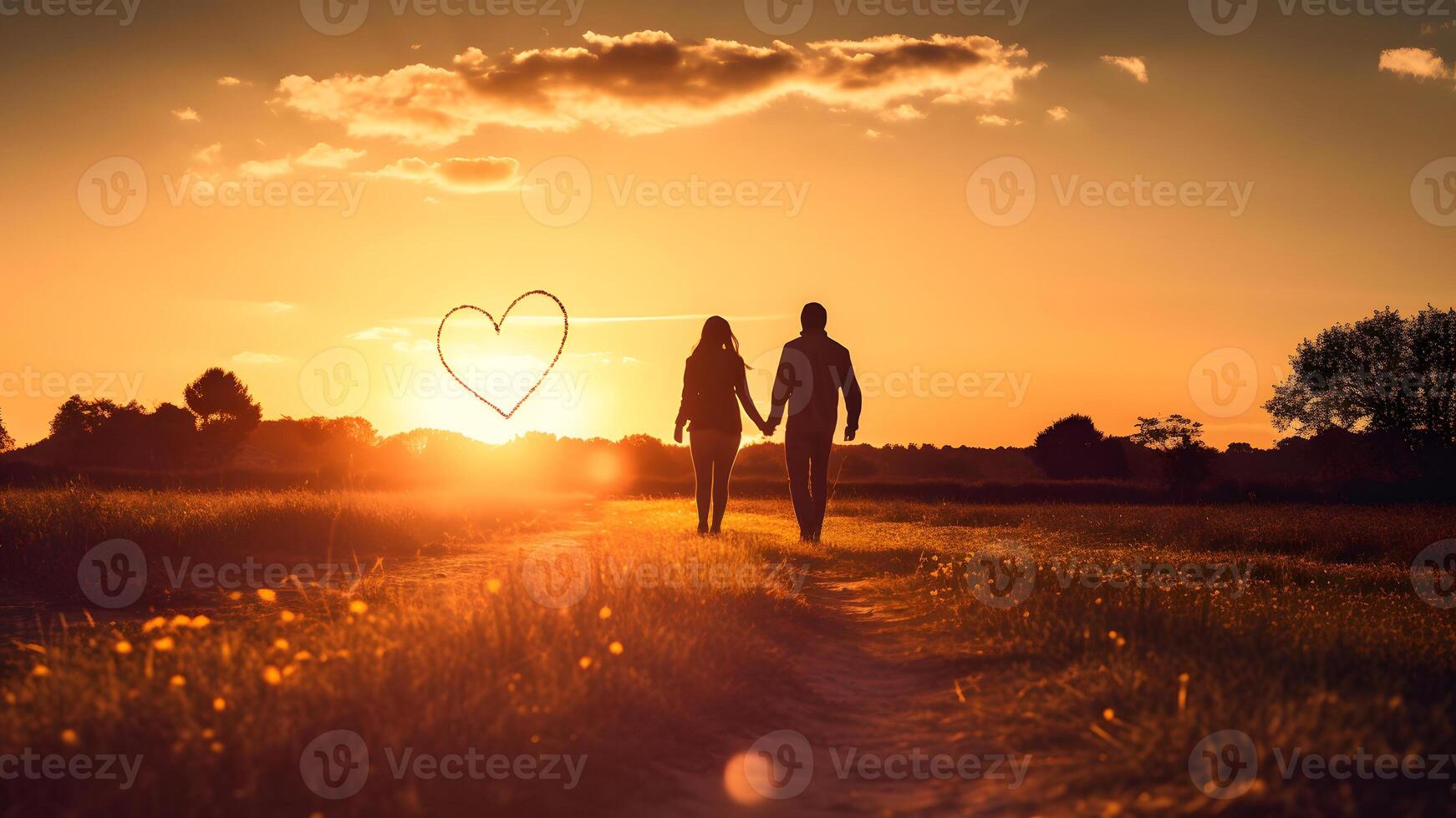 AI generated A heterosexual human couple silhouettes holding hands and walking towards dawn at summer field, neural network generated photorealistic image photo