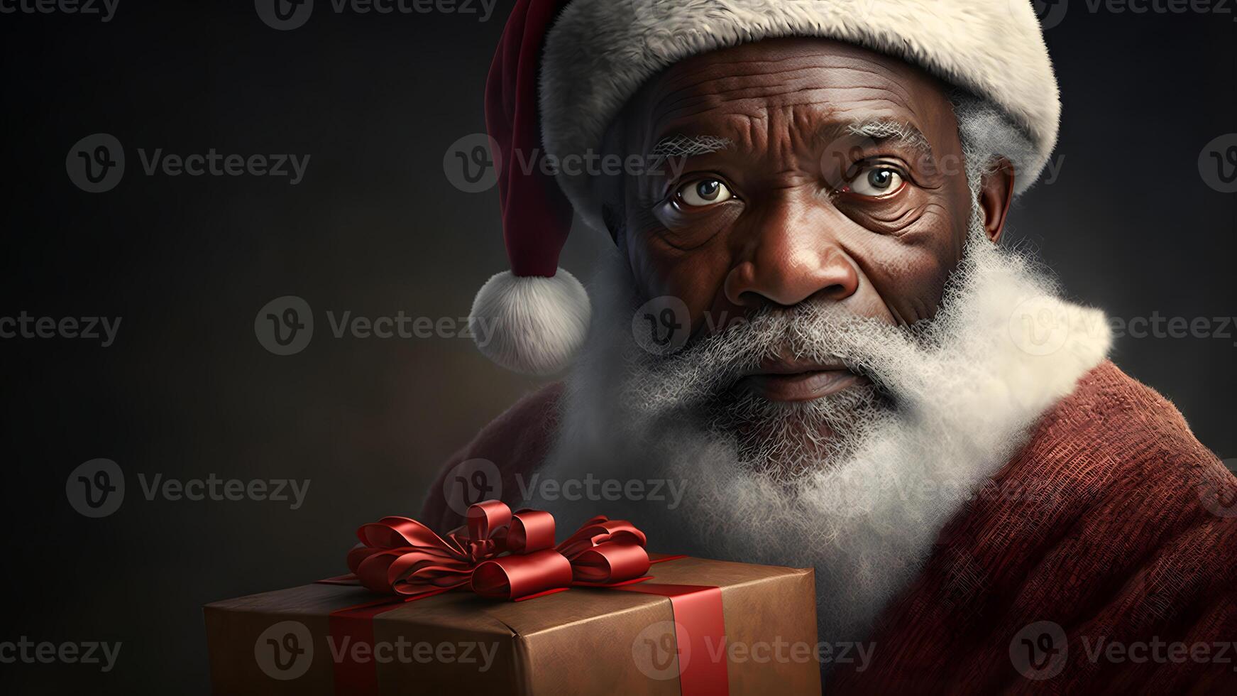 AI generated african american Santa Claus with gift box, close portrait with Rembrandt lighting, neural network generated art photo