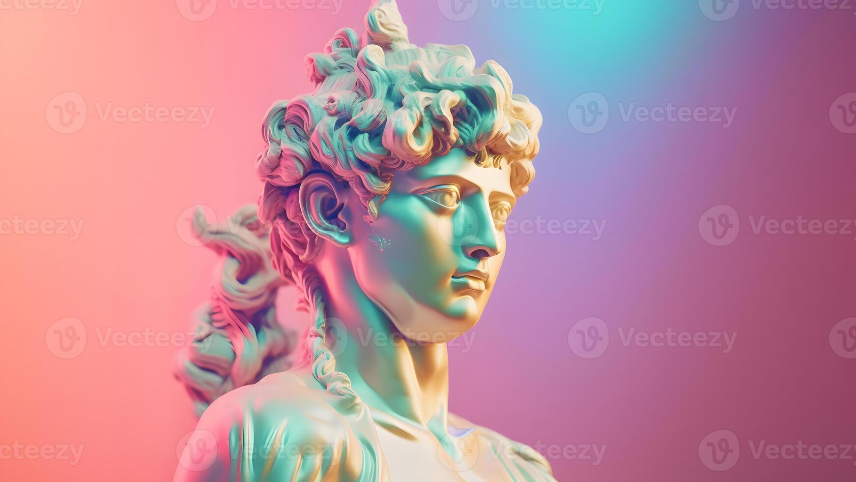 AI generated white sculpture of an abstract greek deity brightly lit with neon colors, neural network generated image photo