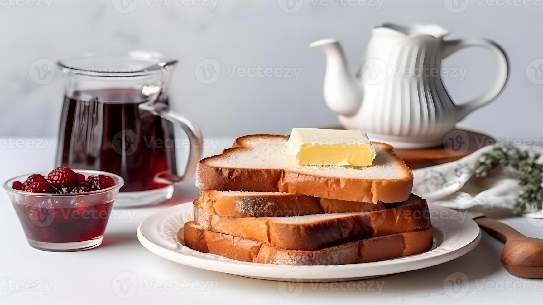 AI generated Sliced bread with butter and jam on a plate next to a kettle and jug, white background, neural network generated photorealistic image photo