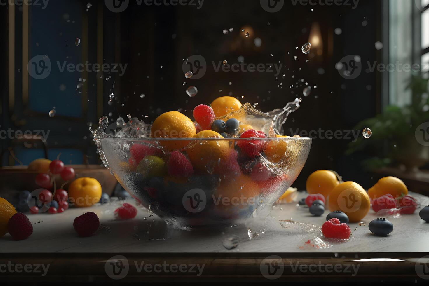 AI generated fresh fruit splashing in a bowl with cinematic light, neural network generated image photo
