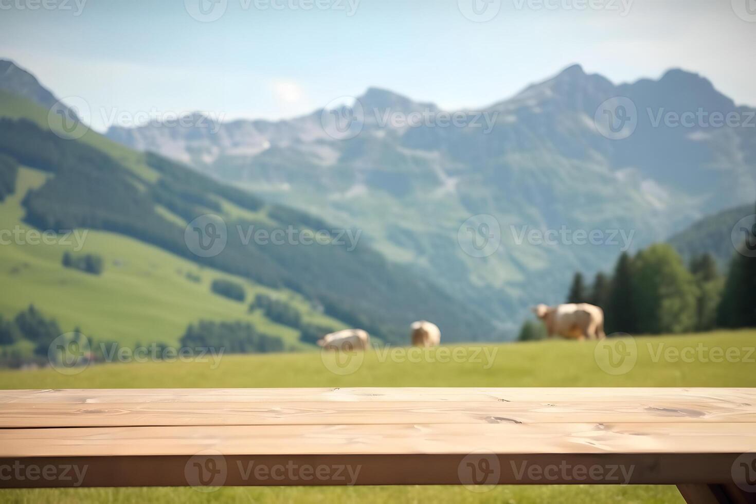 AI generated wooden table on the background of blurred alps green meadow with cows at sunny summer day, neural network generated image photo