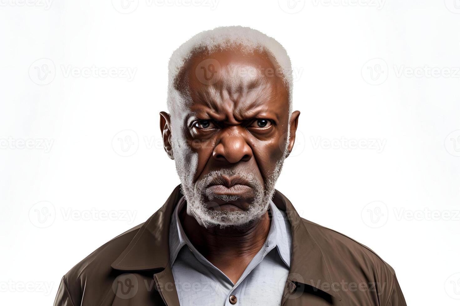 AI generated Angry mature African American man, head and shoulders portrait on white background. Neural network generated image photo