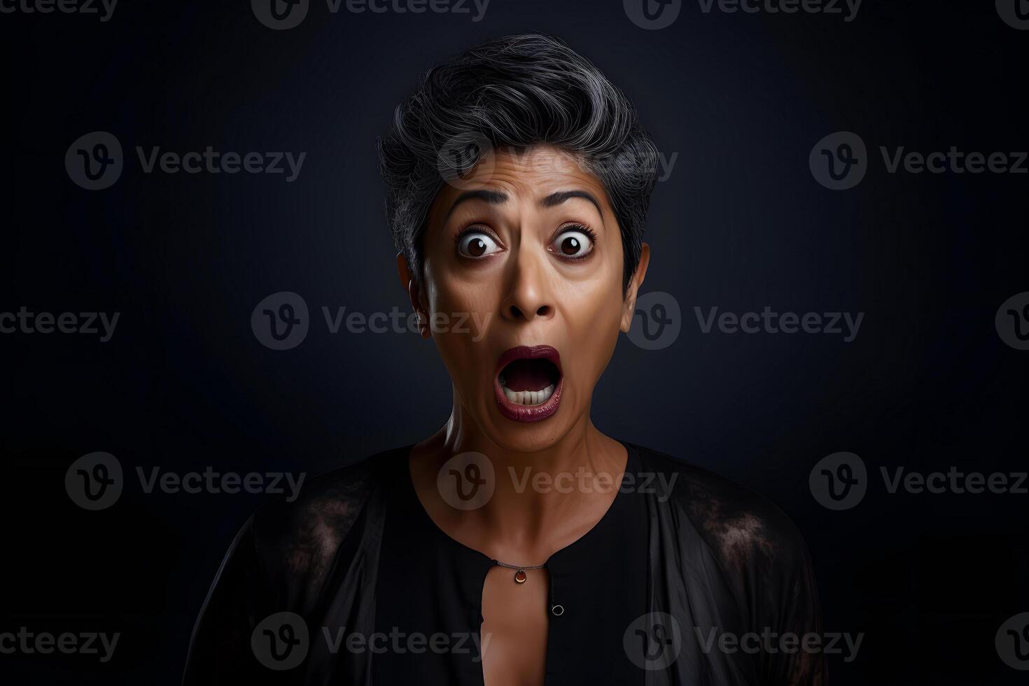 Surprised gray-haired Latin American woman on black background. Neural network generated photorealistic image. photo