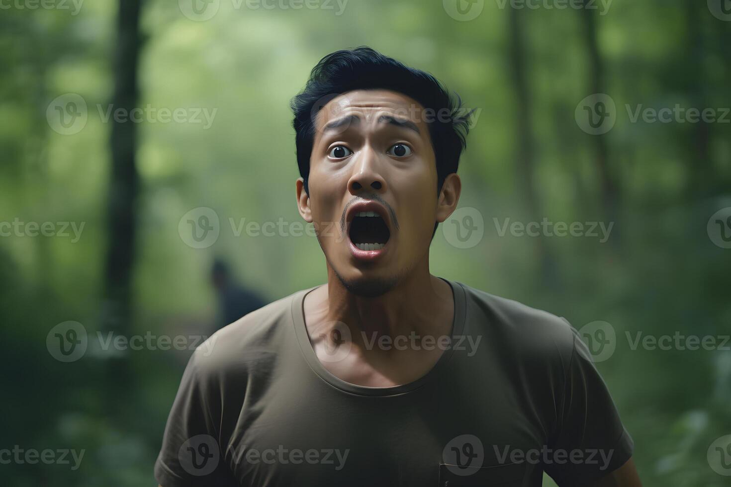 AI generated scared Asian young adult man lost in forest at summer, neural network generated photorealistic image photo