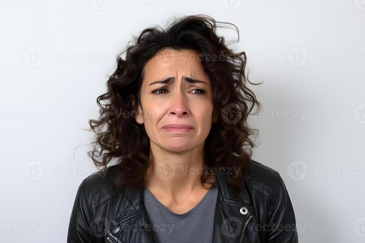 Crying adult Latin American woman, head and shoulders portrait on white background. Neural network generated photorealistic image photo