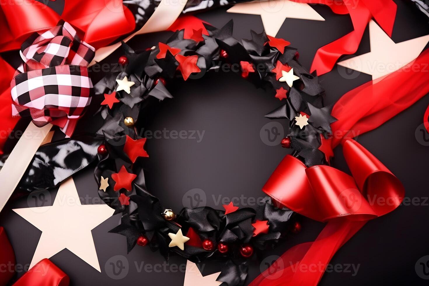 AI generated white, black, red stars and ribbons on black background - celebration background, neural network generated image photo