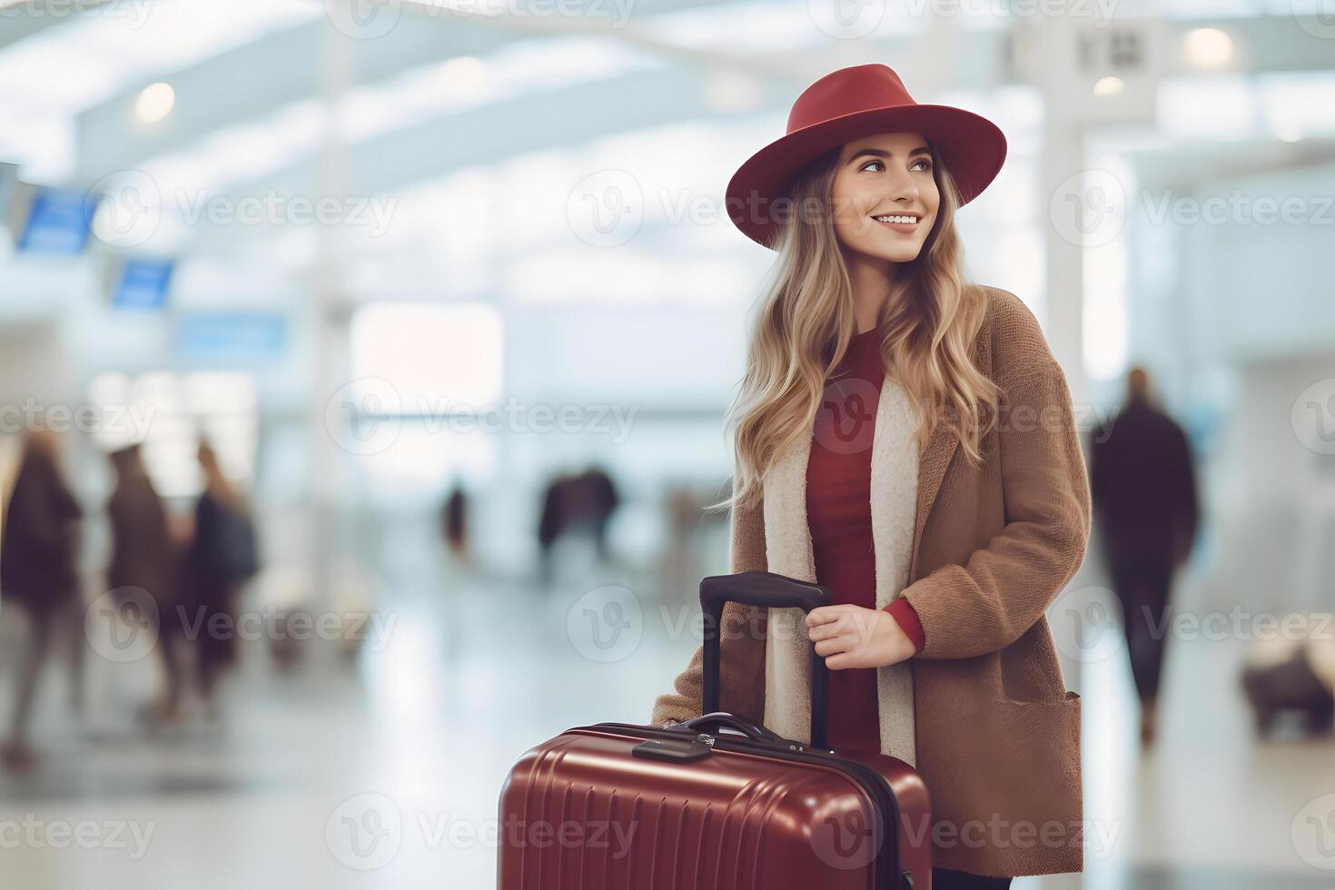 ai generado de viaje mujer con marrón sombrero y marrón maleta a aeropuerto sala, neural red generado fotorrealista imagen foto