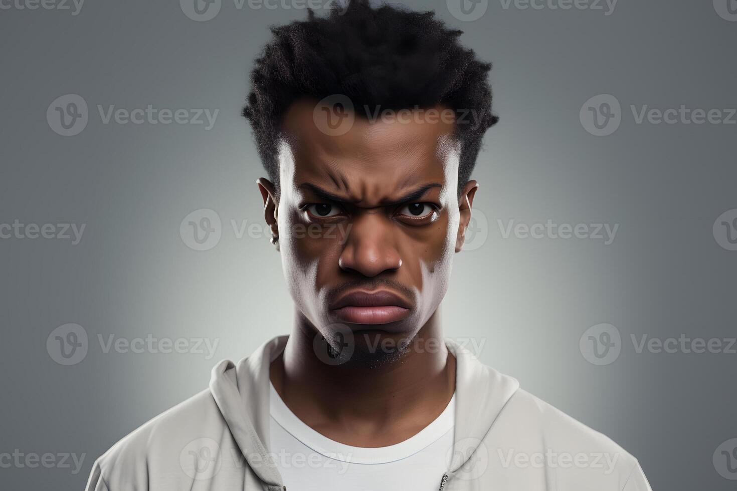 AI generated grim young adult African American man, head and shoulders portrait on grey background. Neural network generated photorealistic image photo