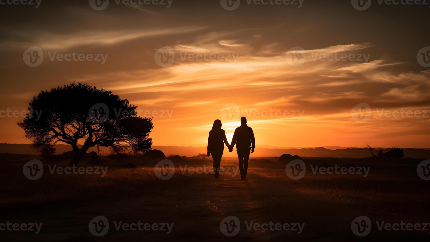 AI generated A heterosexual human couple silhouettes holding hands and walking towards dawn at summer field, neural network generated photorealistic image photo