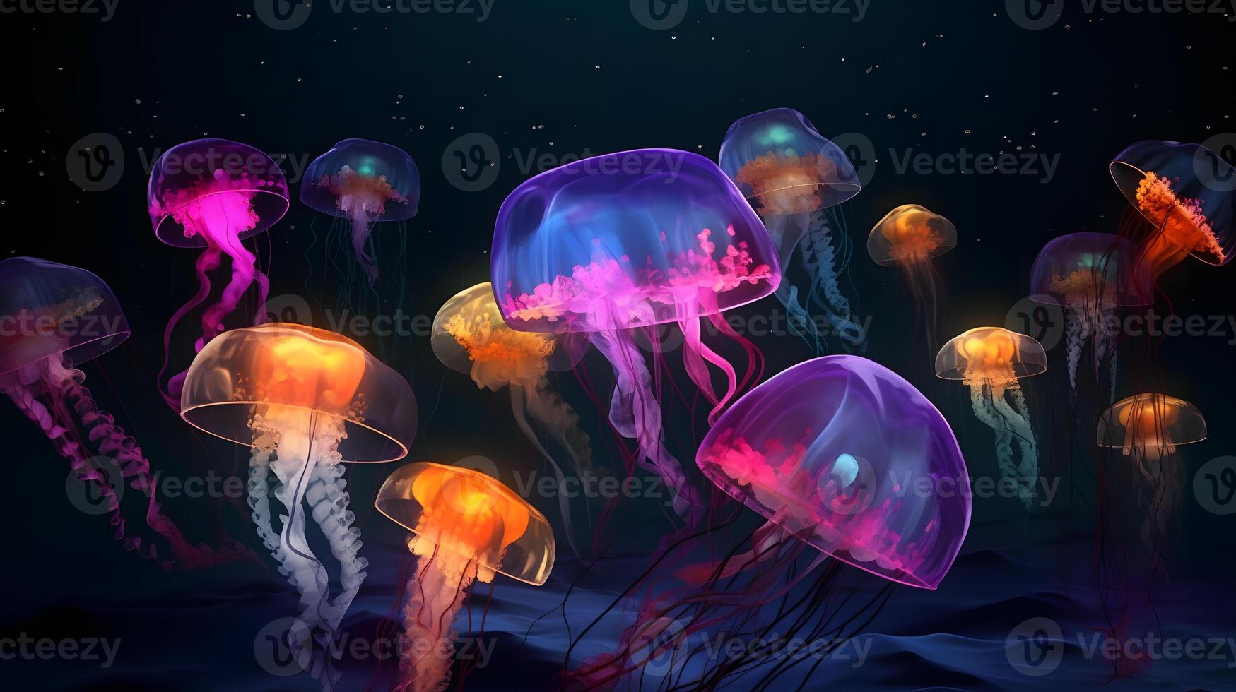 AI generated glowing sea jellyfishes on dark background, neural network generated image photo