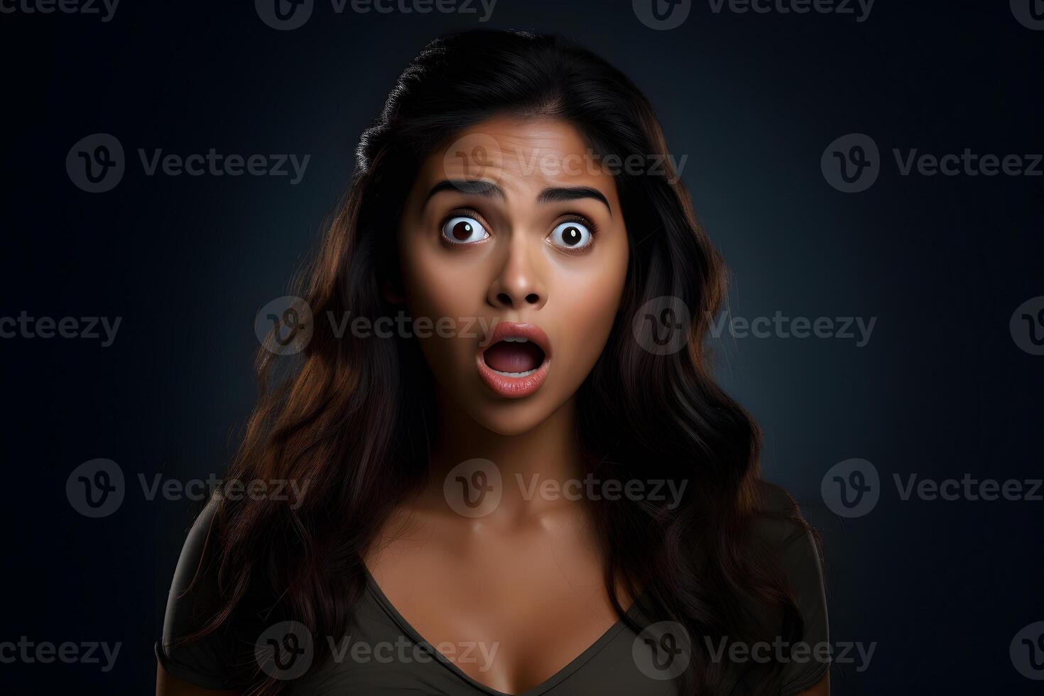 AI generated Surprised Hispanic young adult woman on black background. Neural network generated photorealistic image. photo