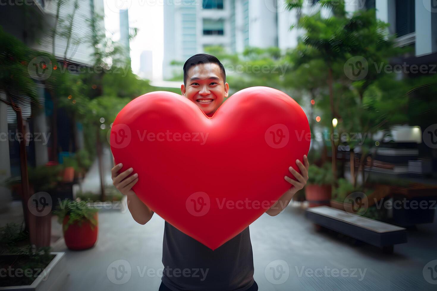 ai generado sonriente asiático hombre participación grande rojo corazón en el calle a día tiempo, neural red generado fotorrealista imagen foto